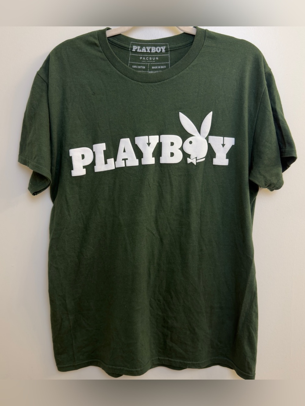 PLAYBOY Men’s Forest Green Tee with White Logo Size Medium